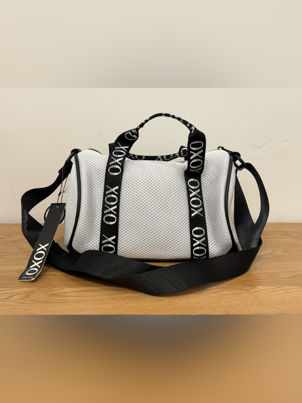 XOXO White Mesh Travel Duffel with Black Branded Straps
